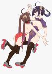  2girls =3 ahoge anchor arm_grab azur_lane back backless_outfit bangs baozi bare_arms bare_back bare_shoulders black_legwear breasts brown_hair china_dress chinese_clothes cleavage dragon dragon_print dress eastern_dragon eating eyebrows eyebrows_visible_through_hair facing_another fingernails flat_chest food grey_footwear hair_rings hairband hand_holding highleg highleg_panties interlocked_fingers large_breasts leaning_on_person leg_up long_hair looking_at_another multiple_girls ning_hai_(azur_lane) open-back_dress panties pelvic_curtain ping_hai_(azur_lane) pink_eyes platform_footwear purple_dress purple_hair red_dress remodel_(azur_lane) ribbon shared_food shoes short_hair side-tie_panties side_slit silver_background simple_background skindentation sohin standing standing_on_one_leg strapless strapless_dress thigh-highs turtleneck twintails underwear v-shaped_eyebrows white_hairband white_panties white_ribbon yuri 