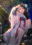  1girl :3 :d aerial_fireworks black_hair blue_kimono bun_cover butterfly double_bun fireworks floral_print hair_ornament hakusai_(tiahszld) japanese_clothes jewelry kimono long_hair long_sleeves looking_away looking_to_the_side night obi open_mouth outdoors print_skirt qurare_magic_library rose_print sash shading_eyes short_kimono sitting skirt sky smile solo star_(sky) starry_sky very_long_hair violet_eyes wall white_skirt 