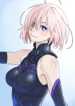  1girl ahoge armor bare_shoulders blush breasts elbow_gloves fate/grand_order fate_(series) gloves hair_over_one_eye lavender_hair long_hair looking_at_viewer mash_kyrielight medium_breasts shielder_(fate/grand_order) short_hair sjw_kazuya smile solo upper_body violet_eyes 