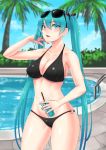  1girl aqua_eyes aqua_hair bikini black_bikini breasts cloel cowboy_shot drink eyewear_on_head hatsune_miku highres long_hair looking_at_viewer medium_breasts nail_polish o-ring_bikini pool solo swimsuit tree twintails very_long_hair vocaloid 