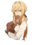  1girl biting blonde_hair blue_eyes gloves highres long_hair looking_at_viewer nanaya_(daaijianglin) simple_background solo stuffed_animal stuffed_toy upper_body violet_evergarden violet_evergarden_(character) white_background 