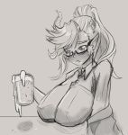  1girl beer_mug belial_(the_seven_deadly_sins) breasts drawfag frown glasses greyscale highres horns huge_breasts monochrome monster_girl office_lady pointy_ears solo the_seven_deadly_sins 