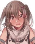  1girl bare_shoulders blush brown_eyes brown_hair commentary_request full-face_blush grey_scarf hair_between_eyes hair_ornament kantai_collection looking_at_viewer neckerchief rinto_(rint_rnt) sendai_(kantai_collection) short_hair simple_background solo two_side_up upper_body vest white_background wide-eyed 