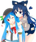  2girls bangs black_hat blue_bow blue_eyes blue_hair blue_skirt bow bracelet commentary_request food fruit hair_bow hat heart highres hinanawi_tenshi hood hood_down hoodie hug hug_from_behind jewelry leaf long_hair looking_at_another miniskirt multiple_girls one_eye_closed open_mouth peach red_eyes shirt short_hair short_sleeves shunki skirt touhou white_background white_shirt yorigami_shion yuri 
