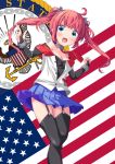  1girl :d american_flag azur_lane bangs bird black_footwear black_gloves black_legwear black_shirt blue_eyes blue_skirt blush commentary_request eagle fingerless_gloves garter_straps gloves hair_ornament index_finger_raised konpotsu loafers long_hair looking_at_viewer open_clothes open_mouth open_vest pink_hair pleated_skirt san_diego_(azur_lane) shirt shoes skirt smile solo standing standing_on_one_leg thigh-highs twintails very_long_hair vest white_vest 