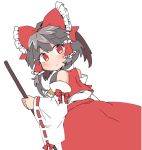  1girl ascot bangs blush bow brown_hair cowboy_shot dutch_angle eyebrows_visible_through_hair from_side hair_bow hair_tubes hakurei_reimu holding ini_(inunabe00) long_sleeves looking_at_viewer ponytail red_bow red_eyes red_skirt ribbon-trimmed_sleeves ribbon_trim sidelocks simple_background skirt skirt_set solo touhou white_background wide_sleeves 