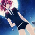  androgynous dutch_angle full_moon gem_uniform_(houseki_no_kuni) hair_between_eyes houseki_no_kuni looking_at_viewer mercury moon necktie night night_sky red_eyes redhead shinsha_(houseki_no_kuni) short_hair shorts sky solo sparkle star_(sky) starry_sky uniform washi_(micino) 