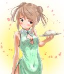  1girl blush breasts brown_eyes brown_hair cake china_dress chinese_clothes closed_mouth dress flower food hair_ornament highres kantai_collection long_hair looking_at_viewer medium_hair michishio_(kantai_collection) no_bra plate remodel_(kantai_collection) short_dress small_breasts solo tama_(seiga46239239) 