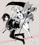  2girls crescent_rose ecru monochrome multiple_girls myrtenaster rapier ruby_rose rwby scar scar_across_eye scythe sword twitter_username weapon weiss_schnee 