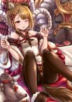  1girl 2018 ;p animal_ears bare_shoulders black_legwear blonde_hair braid breasts brown_eyes closed_eyes closed_mouth dated eltnage erun_(granblue_fantasy) garjana granblue_fantasy medium_breasts number one_eye_closed pantyhose short_hair signature sitting smile tail tongue tongue_out vajra_(granblue_fantasy) 