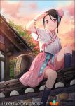  1girl :3 arm_up black_hair braid bun_cover closed_mouth clouds cloudy_sky copyright_name double_bun hair_tie hakusai_(tiahszld) kneehighs looking_at_viewer navy_blue_legwear outdoors pink_skirt qurare_magic_library shading_eyes short_sleeves side_braid single_braid sitting skirt sky solo violet_eyes wall wide_sleeves 