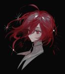  ahoge androgynous black_neckwear closed_mouth collared_shirt glint hair_between_eyes houseki_no_kuni lunch_(lunchicken) necktie portrait red_eyes redhead shinsha_(houseki_no_kuni) shirt short_hair solo white_shirt wing_collar 