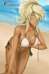  1girl abs alternate_hairstyle beach bikini breast_hold breasts cleavage dark_skin eyelashes guilty_gear guilty_gear_xrd hair_over_one_eye highres long_hair ocean orange_eyes patreon_username platinum_blonde ponytail ramlethal_valentine side-tie_bikini solo swimsuit untied untied_bikini white_bikini yf_studio 