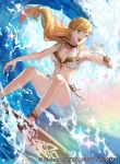  1girl bikini blonde_hair bracelet fire_emblem fire_emblem_cipher fire_emblem_heroes green_eyes intelligent_systems jewelry looking_at_viewer necklace nintendo ocean official_art sharena smile solo super_smash_bros. surfing swimsuit water 
