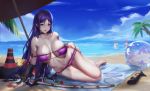  1girl absurdres alov ball beach beach_umbrella beachball bikini breasts choker cleavage collarbone day eyepatch_bikini fate/grand_order fate_(series) frankenstein&#039;s_monster_(swimsuit_saber)_(fate) hand_on_hip highres large_breasts long_hair looking_at_viewer minamoto_no_raikou_(swimsuit_lancer)_(fate) navel nero_claudius_(fate)_(all) nero_claudius_(swimsuit_caster)_(fate) outdoors palm_tree purple_bikini purple_hair sheath shoes_removed sitting sky smile solo swimsuit tree umbrella violet_eyes 
