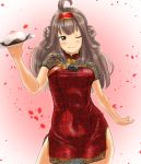  1girl blush breasts brown_hair cake china_dress chinese_clothes closed_mouth dress food grey_eyes hair_ornament headband highres kantai_collection kongou_(kantai_collection) long_hair looking_at_viewer medium_breasts one_eye_closed plate red_dress remodel_(kantai_collection) short_dress solo tama_(seiga46239239) 