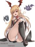  1girl bare_shoulders bat bat_wings black_dress blonde_hair boots cosplay detached_collar detached_sleeves dress fang granblue_fantasy hand_in_hair head_wings highres krul_tepes krul_tepes_(cosplay) long_hair looking_at_viewer open_mouth orange_eyes owari_no_seraph panties pointy_ears shaded_face shousumi_(ljayxh) sitting thigh-highs thigh_boots underwear vampire vampy white_background white_panties wings 