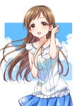  1girl alternate_costume artist_request blue_skirt blush brown_eyes brown_hair commentary_request dress idolmaster idolmaster_cinderella_girls long_hair looking_at_viewer nitta_minami open_mouth skirt sleeveless sleeveless_dress solo 