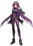  1girl armor bodysuit breasts covered_navel fate/extella fate/extra fate/grand_order fate_(series) full_body high_heels highres large_breasts long_hair looking_at_viewer official_art pauldrons purple_bodysuit purple_hair red_eyes scathach_(fate/grand_order) shoulder_armor solo wada_aruko 