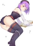  1girl ashino ass bare_shoulders black_legwear black_panties breasts closed_mouth detached_collar detached_sleeves dress fate/grand_order fate_(series) hat helena_blavatsky_(fate/grand_order) looking_at_viewer panties purple_hair short_hair small_breasts smile solo strapless strapless_dress underwear violet_eyes white_background 