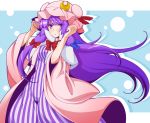  1girl bangs blue_bow blunt_bangs bow capelet crescent crescent_hair_ornament dress eichi_yuu hair_bow hair_ornament hat long_sleeves looking_at_viewer mob_cap patchouli_knowledge purple_hair red_bow solo striped touhou vertical-striped_dress vertical_stripes violet_eyes white_capelet wide_sleeves 