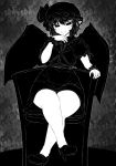  1girl bat_wings black_chair black_heels blush chair commentary curvy dress female ginku_mh hat heels high_heels legs_crossed mob_cap monochrome naughty_face no_nose pointy_ears remilia_scarlet sitting smile solo thick_thighs thighs touhou tsurime wide_hips wings wrist_cuffs 