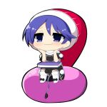  1girl :3 blob blue_eyes blue_hair book boots chibi commentary_request doremy_sweet dress eyebrows_visible_through_hair hands_on_own_face hat nightcap pom_pom_(clothes) short_sleeves simple_background sitting solo tail tapir_tail touhou twumi white_background 