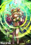  1girl barefoot blonde_hair breasts center_opening cleavage copyright_name fiethsing_(force_of_will) flower force_of_will gem grass green_eyes hair_flower hair_ornament komamitsu midriff navel official_art pointy_ears solo sparkle staff 