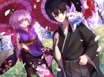  1boy 1girl alternate_costume black_hair blue_eyes eyebrows_visible_through_hair fate/grand_order fate_(series) fujimaru_ritsuka_(male) holding holding_umbrella japanese_clothes mash_kyrielight oriental_umbrella petals purple_hair sash shiguru short_hair umbrella violet_eyes 