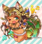  &gt;_o 1girl ;d animal_ears anklet bandeau bangs bare_shoulders barefoot bastet_(p&amp;d) beamed_quavers blunt_bangs blush bracelet brown_hair cat_ears cat_girl cat_tail commentary_request dark_skin diagonal-striped_background diagonal_stripes egyptian eyebrows_visible_through_hair fang full_body green_eyes jewelry long_hair looking_at_viewer marshmallow_mille midriff musical_note navel one_eye_closed open_mouth paw_pose puzzle_&amp;_dragons skirt smile solo tail treble_clef twitter_username very_long_hair white_skirt 