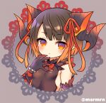  1girl bangs black_gloves blush bow bowtie breasts brown_hair brown_shirt dragon_girl dragon_horns elbow_gloves eyebrows_visible_through_hair gloves gradient_hair grey_background hair_ribbon horns looking_at_viewer marshmallow_mille multicolored_hair myr_(p&amp;d) orange_hair orange_ribbon parted_lips pointy_ears puzzle_&amp;_dragons red_eyes red_neckwear ribbon shirt sleeveless sleeveless_shirt small_breasts solo twitter_username 