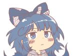  1girl bangs blue_bow blush bow chibi commentary expressionless gyate_gyate hair_bow hood hood_down hoodie ikiyouz long_hair short_sleeves solo touhou upper_body white_background yorigami_shion 