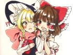  !? +++ 2girls :d blonde_hair blouse blush bow box brown_hair commentary_request d: detached_sleeves gift gift_box hair_bow hair_tubes hakurei_reimu hand_holding hat kirisame_marisa large_bow long_sleeves multiple_girls open_mouth red_eyes scarf smile touhou traditional_media vest wide_sleeves witch_hat yellow_eyes yururi_nano 