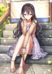 1girl brown_hair copyright_name dress floral_print interitio looking_at_viewer official_art outdoors pink_dress pink_eyes sid_story sitting smile solo stairs sunlight 