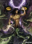  1boy abdul_alhazred_(force_of_will) abs beard black_hair copyright_name earrings facial_hair facial_mark force_of_will forehead_mark glowing glowing_eyes gozz jewelry long_hair magic_circle male_focus official_art shirtless solo tattoo tentacle white_eyes 
