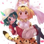  2girls animal_ears black_gloves black_legwear blonde_hair blush bow bowtie bridal_veil brown_eyes bucket_hat c: carrying commentary_request elbow_gloves extra_ears eyebrows_visible_through_hair gloves green_eyes green_hair hands_on_own_chest hat hat_feather highres kaban_(kemono_friends) kemono_friends looking_at_viewer makuran multicolored multicolored_clothes multicolored_gloves multiple_girls open_mouth pantyhose pantyhose_under_shorts petals princess_carry print_gloves print_neckwear print_skirt red_shirt serval_(kemono_friends) serval_ears serval_print serval_tail shirt short_hair short_sleeves shorts skirt sleeveless sleeveless_shirt smile tail veil wavy_mouth white_background white_gloves white_hat white_shirt yellow_gloves yellow_neckwear yellow_skirt 