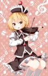  1girl :d bass_clef black_shirt black_skirt blonde_hair bow_(instrument) crescent frilled_skirt frills hat highres instrument juliet_sleeves kneehighs long_hair long_sleeves lunasa_prismriver music musical_note open_mouth playing_instrument polka_dot polka_dot_background puffy_sleeves ruu_(tksymkw) shirt short_hair skirt skirt_set smile solo staff_(music) star touhou violin white_legwear yellow_eyes 