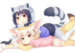  2girls animal_ears arare_mochiko black_gloves black_hair black_skirt blonde_hair brown_eyes commentary_request common_raccoon_(kemono_friends) fennec_(kemono_friends) fox_ears fur_collar gloves grey_hair hand_on_another&#039;s_head highres kemono_friends lying miniskirt multicolored_hair multiple_girls pantyhose pink_sweater pleated_skirt raccoon_ears raccoon_tail short_hair skirt striped_tail sweater tail thigh-highs white_background white_gloves white_hair white_legwear white_skirt yellow_legwear 