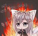  1girl :o ahoge anger_vein angry animal_ears bangs black_background black_jacket blade_&amp;_soul eyebrows_visible_through_hair fire fox_ears fox_girl fox_tail grey_eyes hair_between_eyes jacket korean long_sleeves looking_at_viewer lyn_(blade_&amp;_soul) neckerchief parted_lips pointing pointing_at_self school_uniform serafuku shirt silver_hair simple_background solo tail tandohark translation_request white_shirt yellow_neckwear 