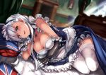  1girl apron arm_guards azur_lane bare_shoulders belfast_(azur_lane) blue_eyes blue_skirt blurry blurry_background blush braid breasts buttons chains cleavage collar french_braid garter_straps gloves highres lace lace-trimmed_thighhighs large_breasts looking_at_viewer lying maid_apron maid_headdress maki_(maki_pei) on_side pillow silver_hair skirt smile solo thigh-highs white_gloves white_legwear window 