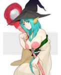  1girl aqua_hair bare_shoulders blue_eyes breasts circlet cleavage copyright_request hat highres kikomo long_hair looking_at_viewer magi_the_labyrinth_of_magic seashell shell smile solo staff very_long_hair witch_hat yamuraiha 