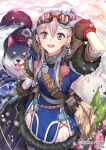  1girl :d blush brown_gloves company_name copyright_name dog eyebrows_visible_through_hair fur_trim gloves green_eyes grey_hair interitio long_hair looking_at_viewer looking_up open_mouth parted_lips sid_story smile solo twitter_username 