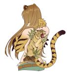  1girl animal_ears back_tattoo belt blue_pants brown_hair claws cropped_legs crossed_arms denim facing_away from_behind fur fur_collar highres jeans jinko_(monster_girl_encyclopedia) long_hair manosdetrapo monster_girl monster_girl_encyclopedia pants solo striped tail tattoo tiger tiger_ears tiger_stripes tiger_tail tomboy topless transparent_background upper_body 