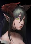  1girl absurdres bare_shoulders blush breasts character_request cleavage closed_mouth collarbone copyright_request earrings eyebrows fang green_eyes green_hair highres horns jewelry large_breasts long_hair looking_at_viewer pointy_ears qianhe_ziyan solo upper_body 