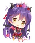  1girl bangs blush character_name chibi demon_girl demon_horns demon_tail demon_wings dress gloves hair_between_eyes hair_ornament hairclip hitsukuya horns long_hair looking_at_viewer love_live! love_live!_school_idol_festival love_live!_school_idol_project open_mouth simple_background solo sonoda_umi striped tail tiara white_background wings 