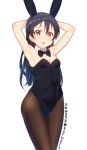  1girl animal_ears armpits arms_behind_head arms_up bangs bare_shoulders black_legwear black_leotard blush bow bowtie breasts bunny_tail bunnysuit cleavage commentary_request detached_collar dress fake_animal_ears hair_between_eyes hairband leotard long_hair looking_at_viewer love_live! love_live!_school_idol_project open_mouth rabbit_ears simple_background skull573 small_breasts solo sonoda_umi strapless strapless_dress strapless_leotard tail wavy_mouth white_background 