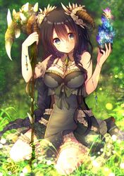  1girl azu_torako bare_shoulders black_hair blue_eyes blush bracelet breasts cleavage crystal dress frills grass highres holding horns jewelry kneeling large_breasts long_hair looking_at_viewer original solo staff 