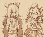  2girls bangle bow bracelet cat coat debt dress drill_hair earrings eyewear_on_head hair_bow hat hat_bow hood hoodie jewelry long_hair monochrome multiple_girls necklace siblings sisters stuffed_animal stuffed_cat stuffed_toy sunglasses top_hat touhou twin_drills urin yorigami_jo&#039;on yorigami_shion 