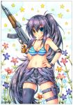  1girl :o ak-47 artist_name assault_rifle bangs bare_shoulders bikini_top black_choker black_hair black_legwear blue_eyes blush breasts choker cleavage clouds commentary emperpep english_commentary eyebrows_visible_through_hair fingernails flower gun hair_between_eyes hand_on_hip heterochromia highres holding holding_gun holding_weapon long_hair looking_at_viewer medium_breasts nail_polish navel original outdoors overall_shorts overalls overalls_pull parted_lips pink_flower ponytail purple_flower rifle single_thighhigh sky solo star striped_bikini_top thigh-highs thigh_strap traditional_media very_long_hair watercolor_(medium) weapon white_nails yellow_eyes yellow_flower 