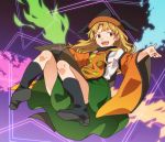  1girl 2018 :d bangs black_footwear black_hat blonde_hair blue_fire boots brown_hat chahora_(siki_dos) circle constellation constellation_print dated detached_sleeves eyebrows eyebrows_visible_through_hair facing_away fire gradient gradient_background green_fire green_skirt hat long_hair long_sleeves looking_away looking_to_the_side matara_okina multicolored multicolored_background multicolored_clothes multicolored_hat open_mouth orange_eyes outstretched_arms pigeon-toed pink_fire purple_background see-through shirt skirt smile solo tabard tareme teeth tongue touhou triangle two-tone_background white_shirt wide_sleeves 